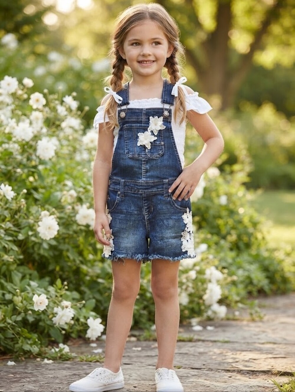 GAP Girls Blue Denim Overall Shorts with White Lace Appliqué